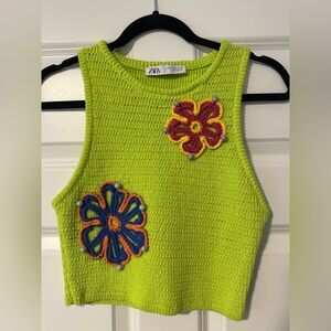 Zara Bright Green Knit Crop Top with Colorful Floral Design